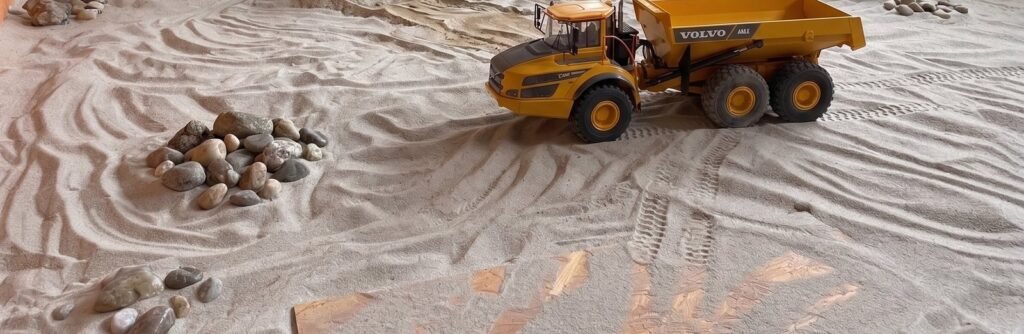 Szeroki kadr piaskownicy RC w Rzeszowie ze śladami opon, kamieniami i wozidłem Volvo