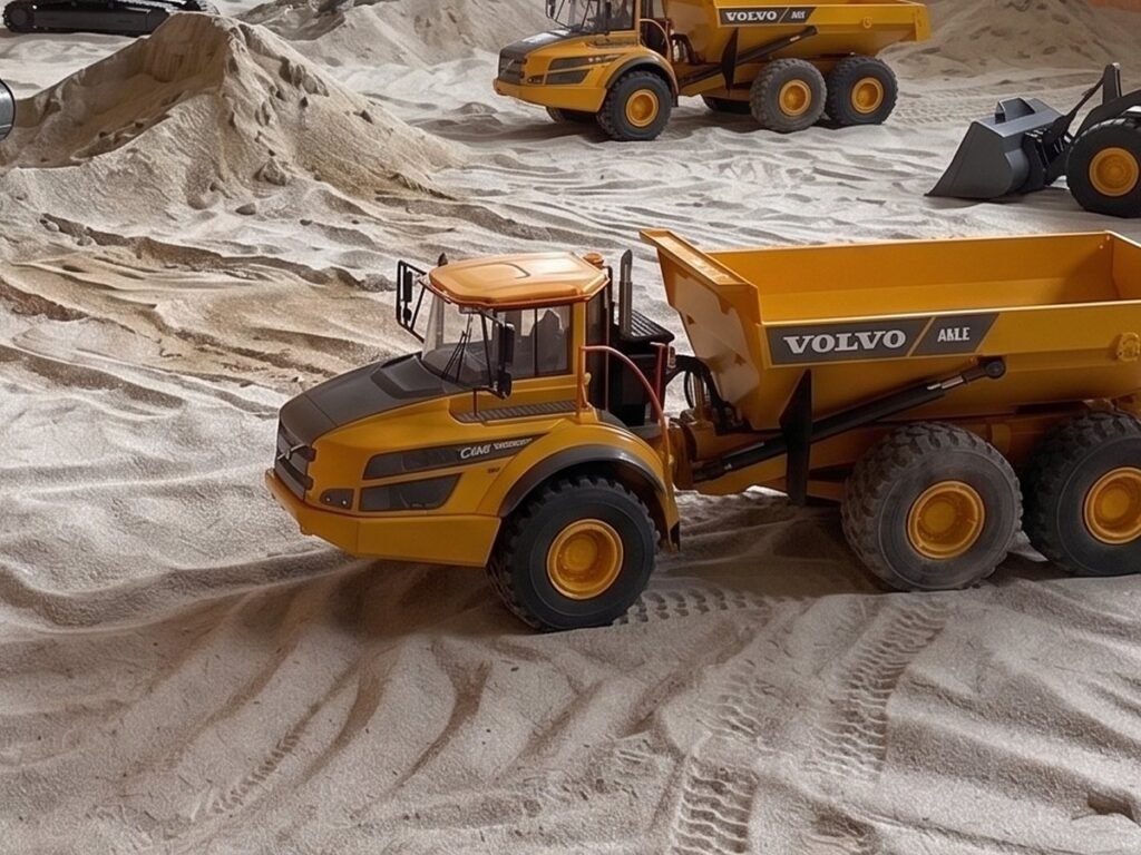 Model wozidła przegubowego Volvo sterowany radiowo, jadący po ubitym piasku poligonu w Rzeszowie